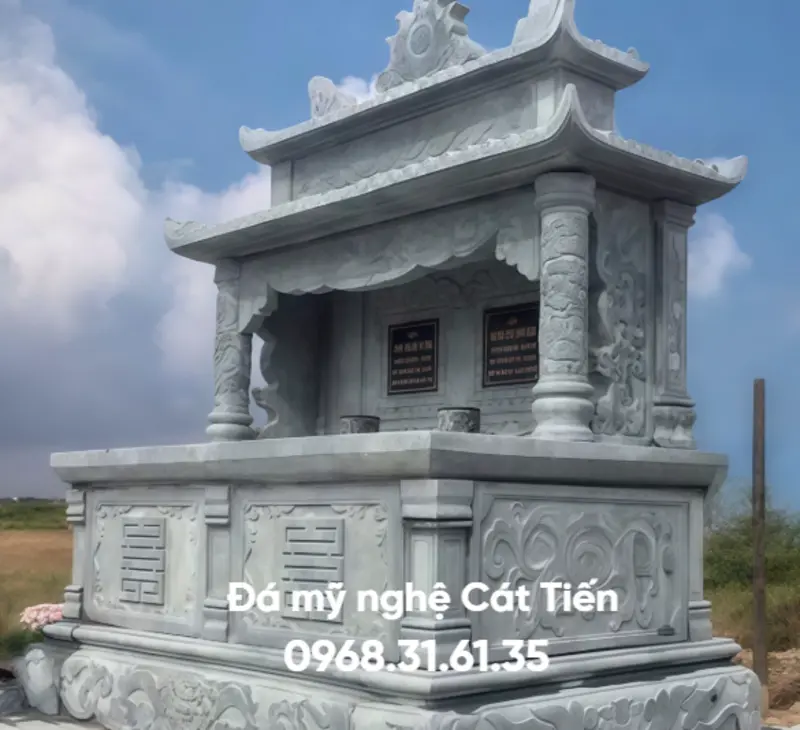 Mẫu mộ đá đôi 2 mái chế tác bằng đá trắng