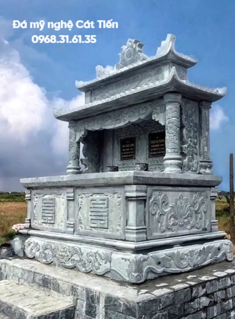 mẫu mộ đá đôi xanh đen 2 mái bề thế