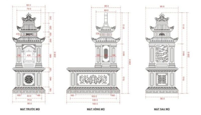 Mô phỏng kích thước mộ đá theo phong thủy 3D ở cả 3 mặt