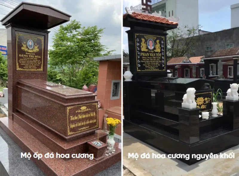 Mộ ốp đá hoa cương có đặc điểm sáng bóng nhưng lộ đường ghép, trong khi mộ đá nguyên khối mang lại vẻ đẹp liền mạch, sang trọng và cao cấp hơn