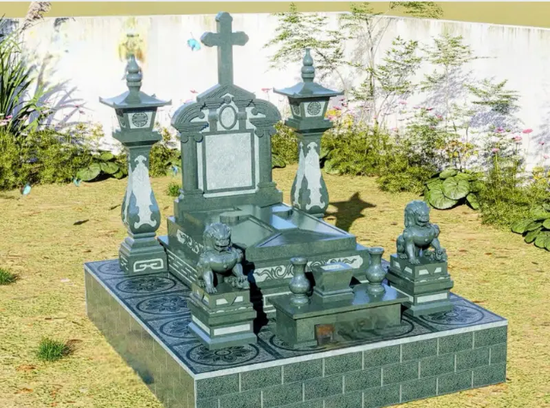 Mẫu mộ đá Công Giáo được làm từ đá xanh rêu nguyên khối, được chạm khắc hoa văn tinh tế với điểm nhấn là biểu tượng thánh giá