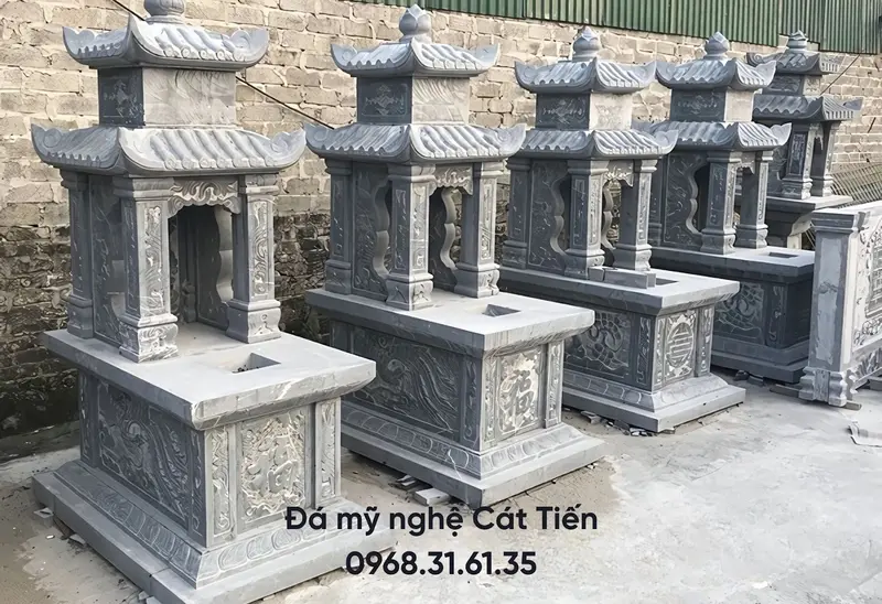 Đá mỹ nghệ Cát Tiến cung cấp mộ đá đơn hai mái, họa tiết hoa sen, chữ Hán