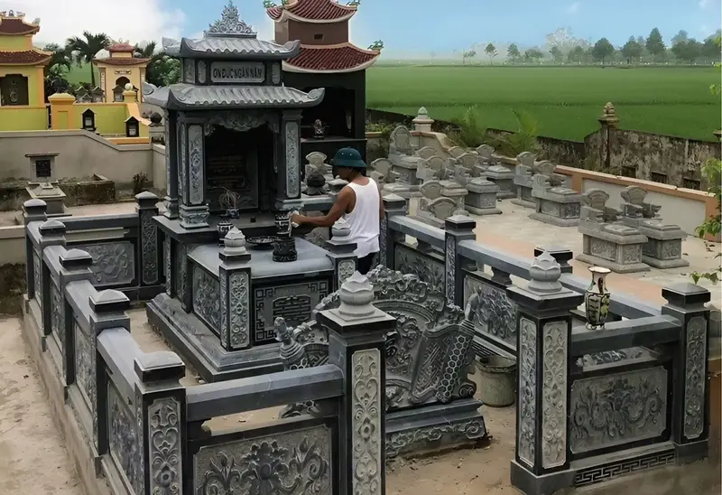 Mẫu khu Lăng mộ tổ vuông đá xanh đen hoa văn chạm khắc