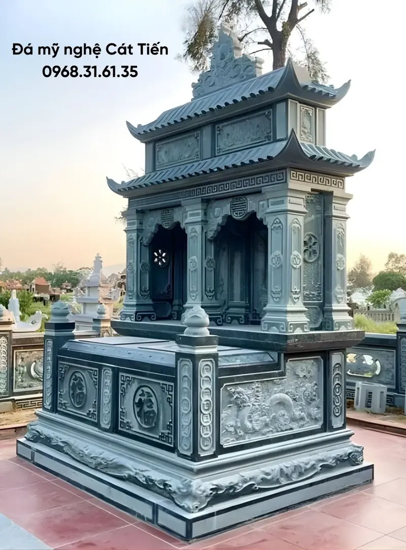 Kích thước xây mộ đá đôi từ 167cm × 197cm (rộng x dài) đến 197cm × 217cm (rộng x dài)