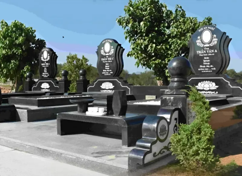 Mẫu lăng mộ đá hoa cương thiết kế đơn giản, hiện đại với phần bia uốn lượn mềm mại hình cánh sen