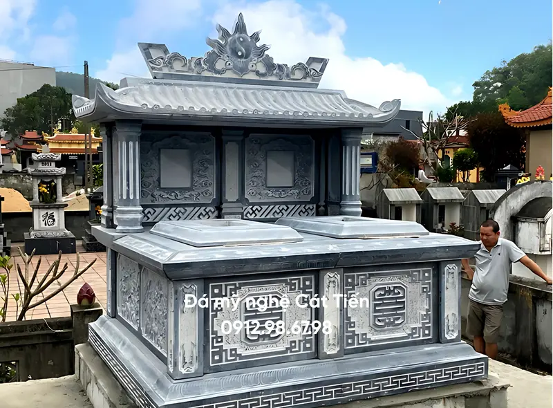 Đá mỹ nghệ Cát Tiến cung cấp mẫu Lăng mộ đá đôi 1 mái với kiến trúc bề thế